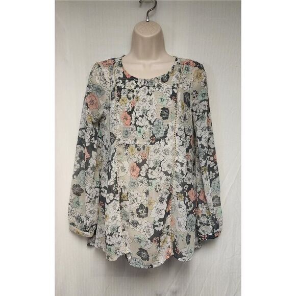 MOTHERHOOD Maternity Round Neck Floral Chiffon Multicolor Gray Blouse Size XS - Picture 2 of 11